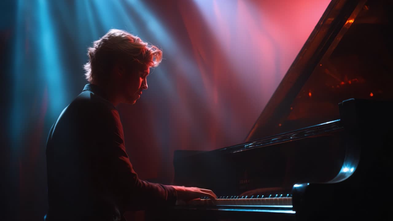 Un abile musicista suona con passione il pianoforte sul palco, circondato da un'illuminazione suggestiva che esalta l'esibizione emotiva e cattura l'attenzione del pubblico.