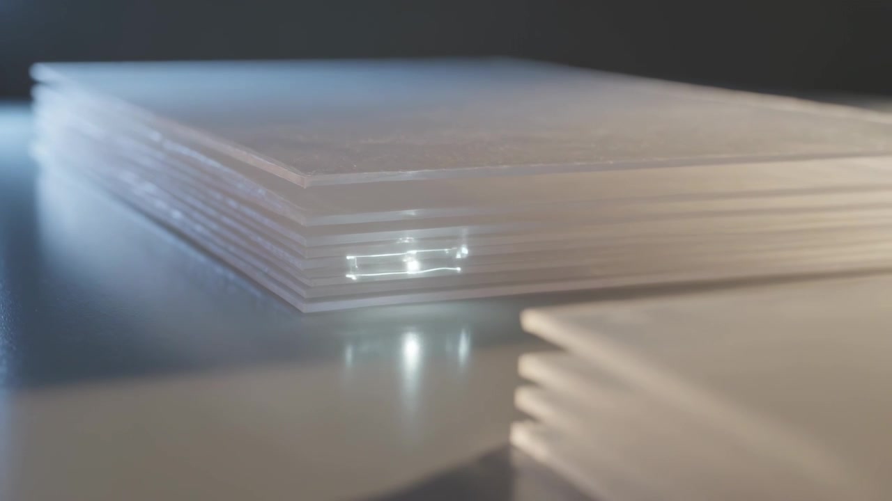 Focusing camera shifting, showing clear layers on big or small sheet stacks on table, glints dark ba