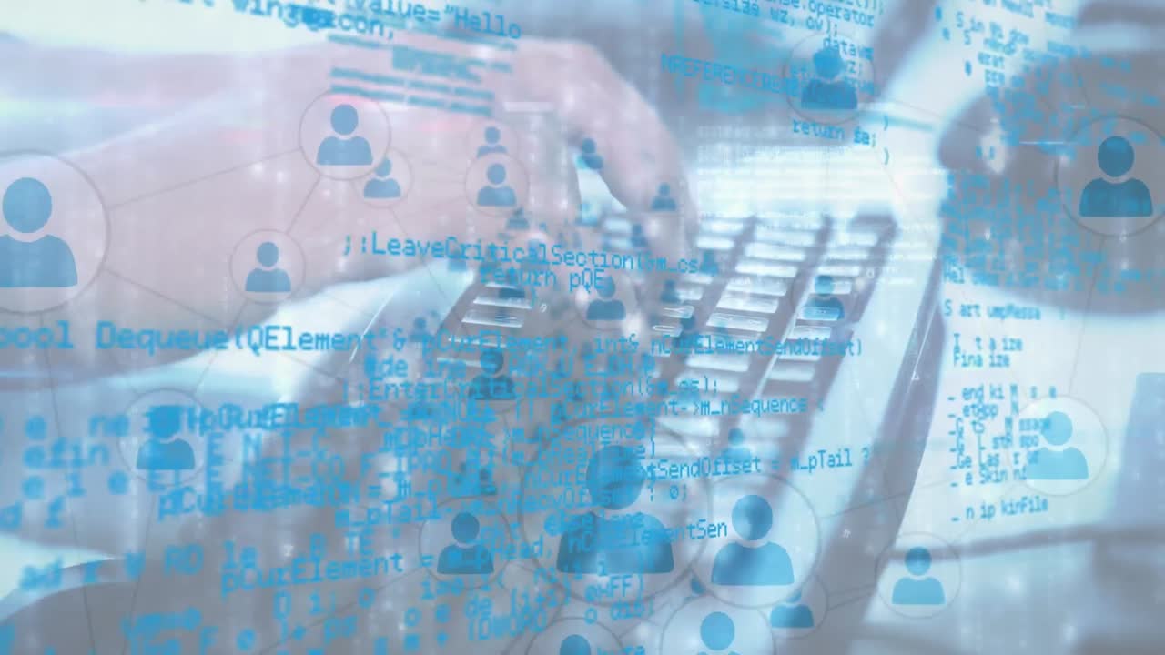 컴퓨터 키보드에 입력하는 사람, 데이터 처리 및 연결 네트워크의 애니메이션