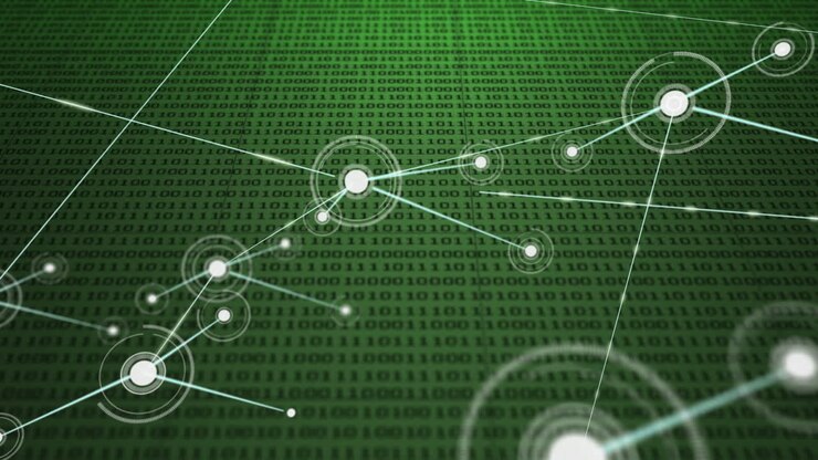 Animation of network of connection with icons over green background with binary code