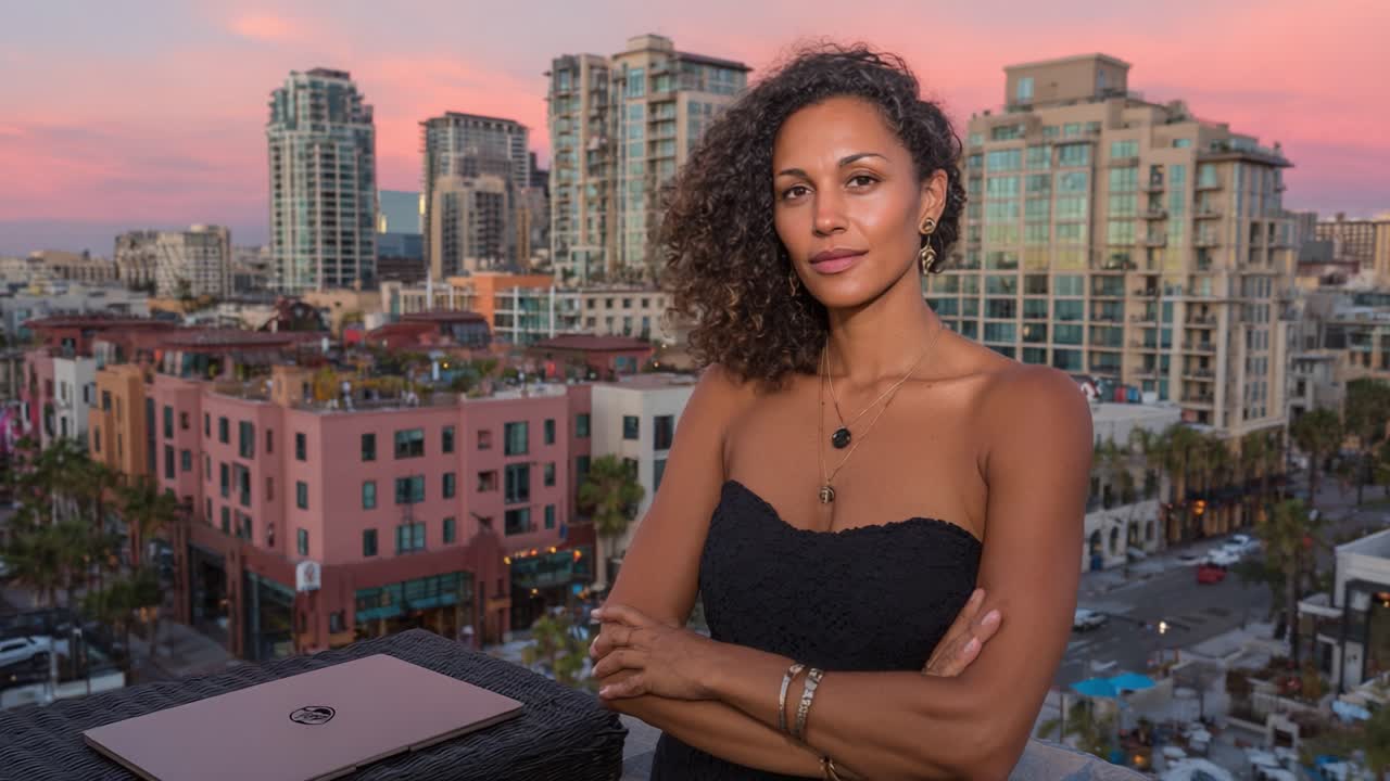 A Confident Woman Poses Against a Stunning Urban Skyline During Sunset, Showcasing Empowerment, Beauty, and Modern Living in an Urban Environment