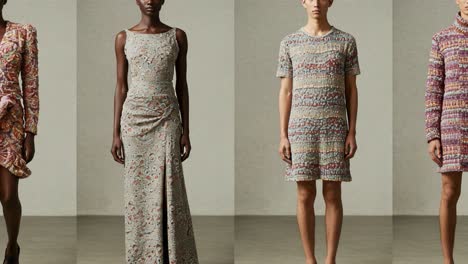 a fashion showcase: elegant transformations in contemporary textiles featuring modern silhouettes and distinctive patterns for diverse styles