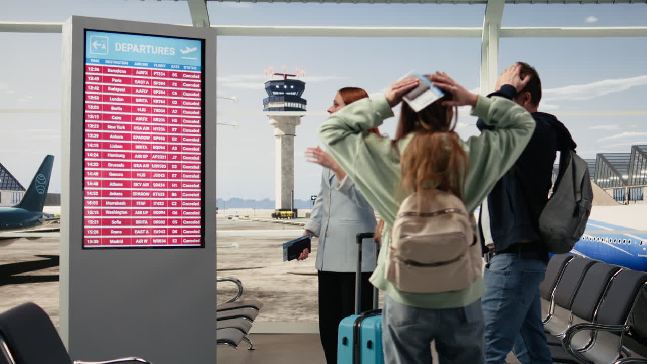 Passeggeri che reagiscono alle cancellazioni dei voli sul tabellone delle partenze dell'aeroporto