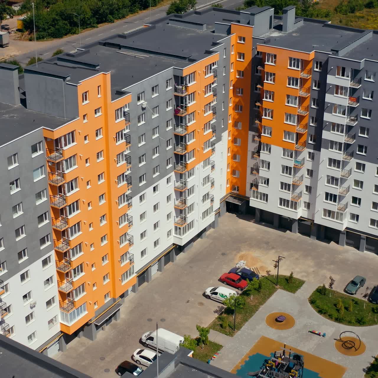 New urban houses aerial view. Huge modern exterior city apartments