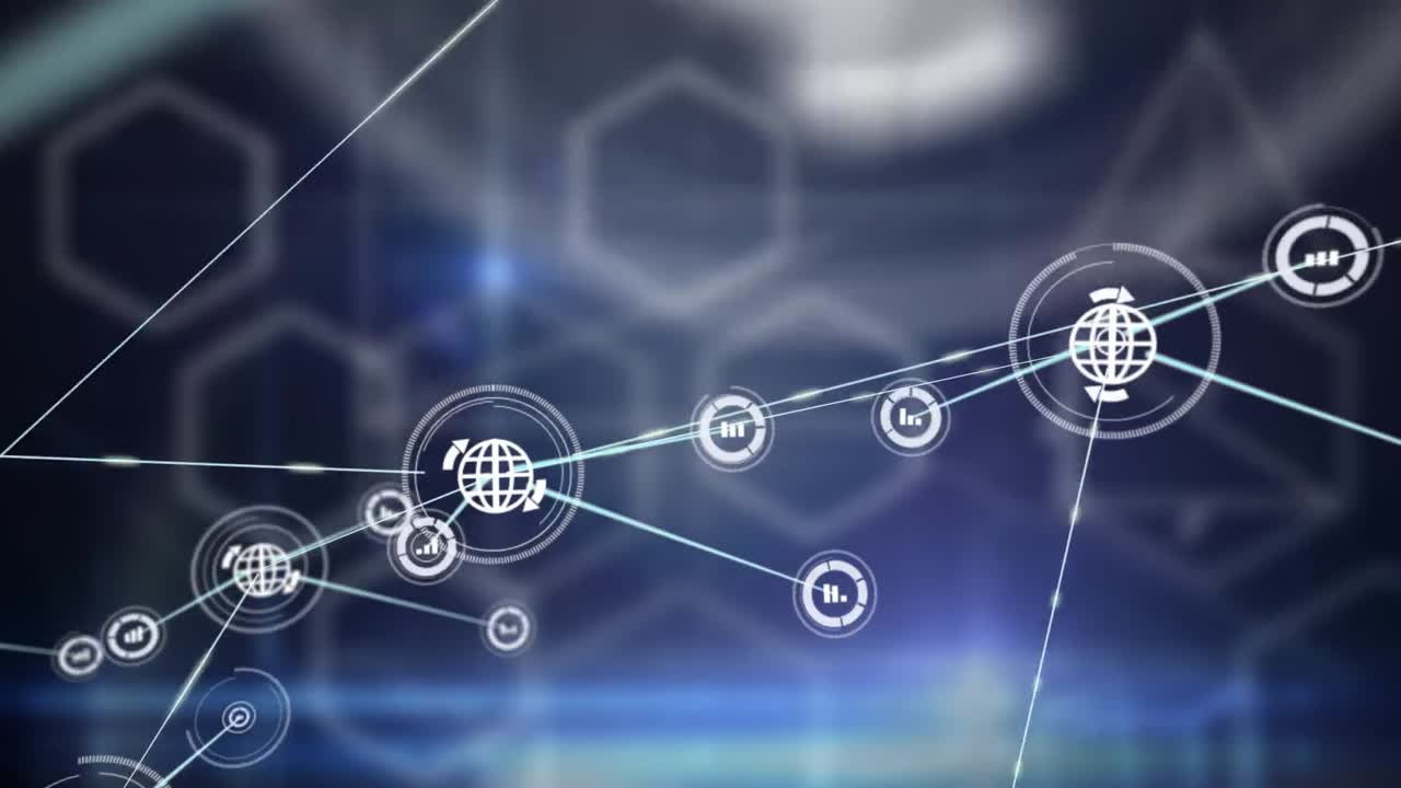 animación de la red de conexiones con iconos sobre formas sobre fondo negro