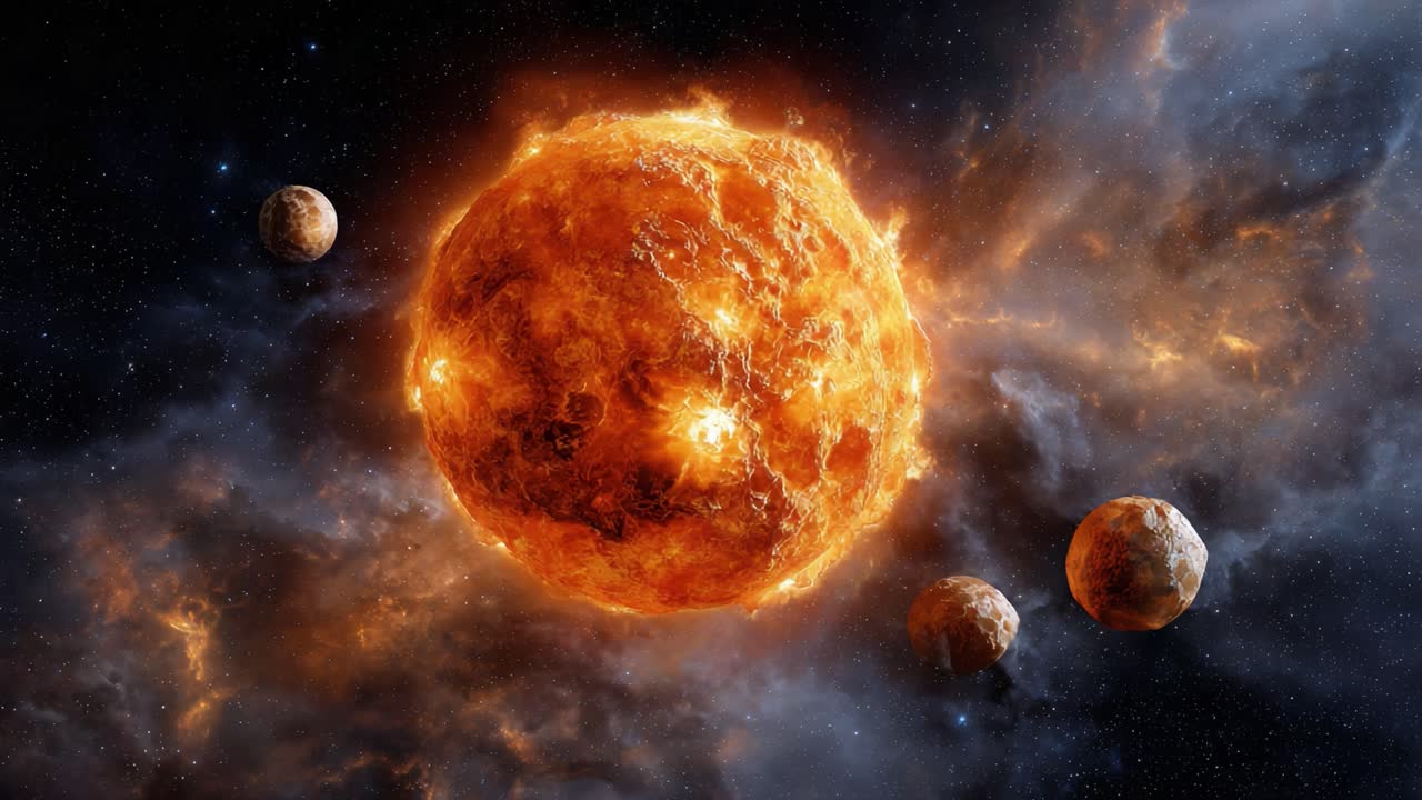 A Celestial Display: A Glowing Star Surrounded by Planets Illuminating the Vastness of Space in Stunning Detail and Color