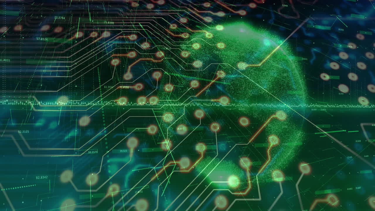 Green digital sphere floating on circuit board lines, showing glowing data nodes and numeric labels