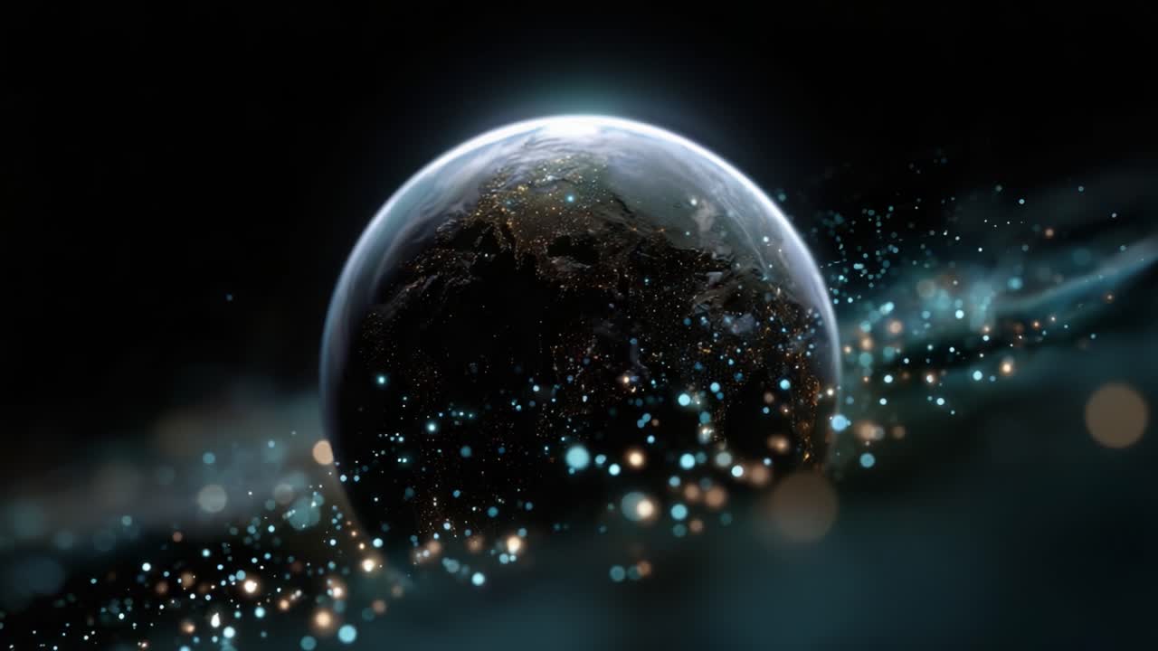Captivating Celestial Perspective: A Stunning View of Earth Surrounded by Cosmic Particles in a Mystical Galaxy Setting Illuminated by Stars and Light Effects