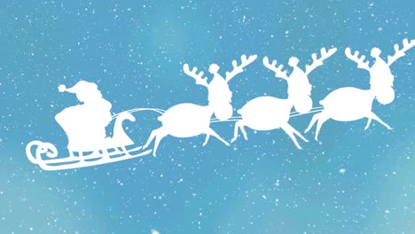 Snow-falling-over-santa-claus-in-sleigh-being-pulled-by-reindeers-against-blue-background