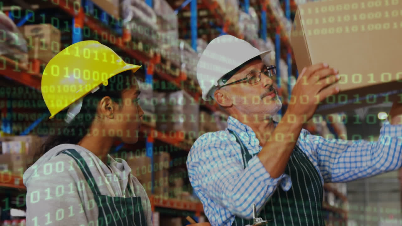Binary coding data processing over diverse male and female supervisors checking stock at warehouse