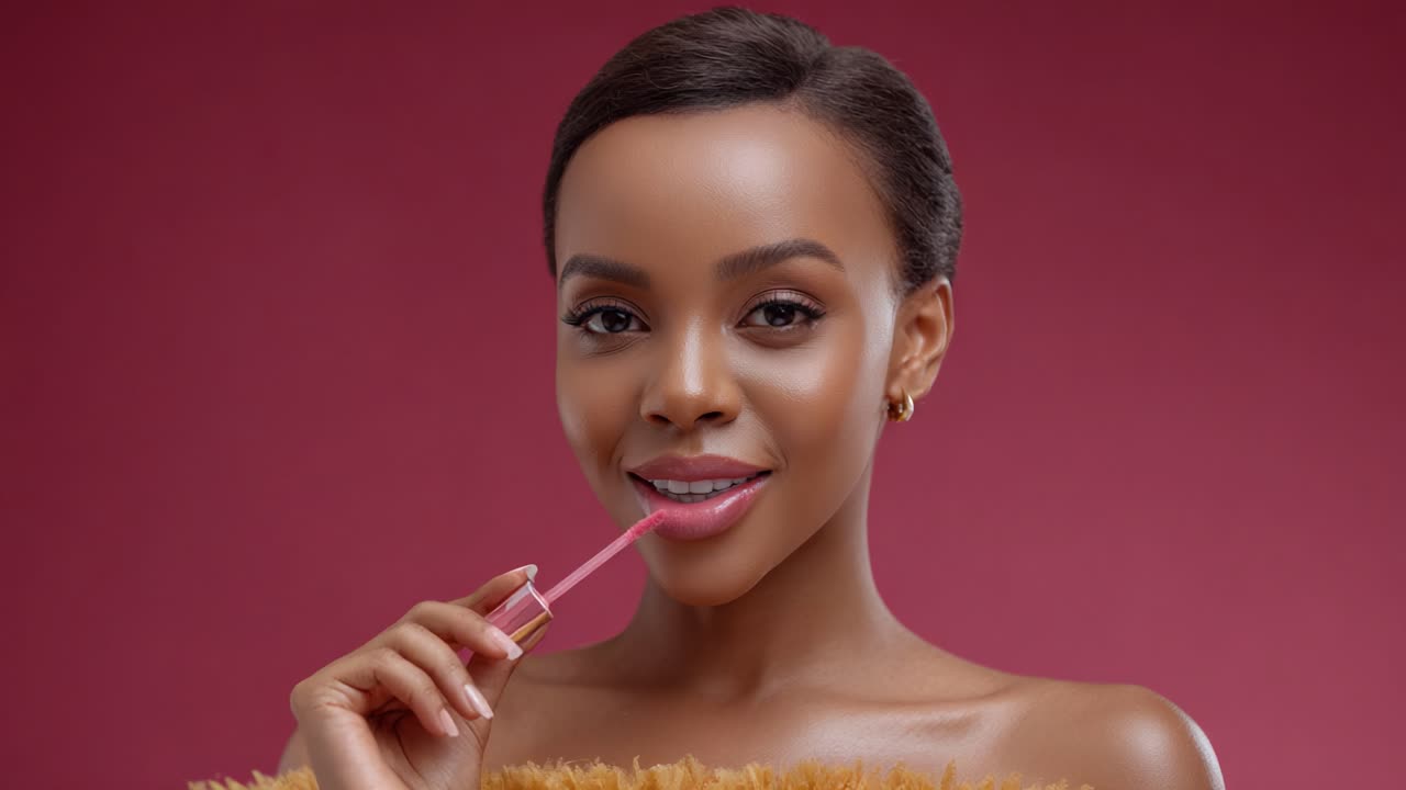 A Radiant Beauty: Capturing the Transformation of a Smiling Woman Applying Lip Gloss Against a Vibrant Background