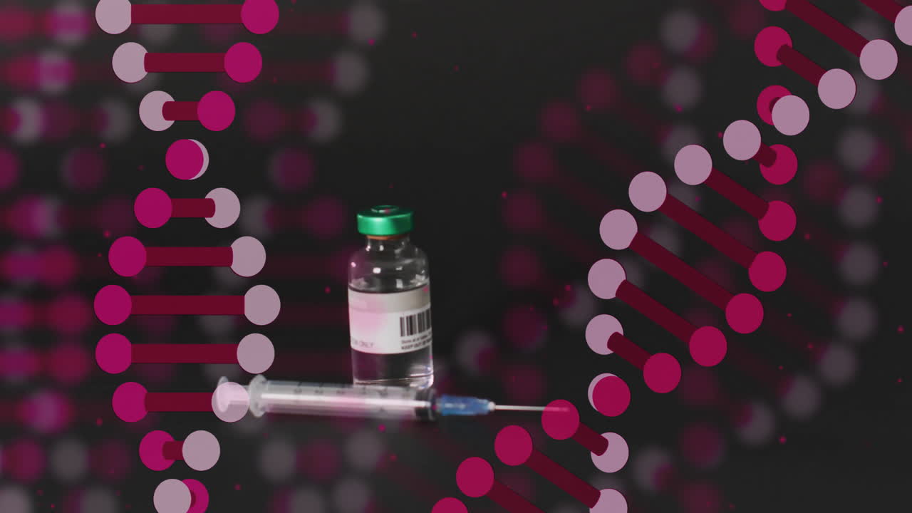 DNA strand animation over syringe and vial on dark background