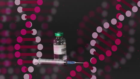 dna strand animation over syringe and vial on dark background
