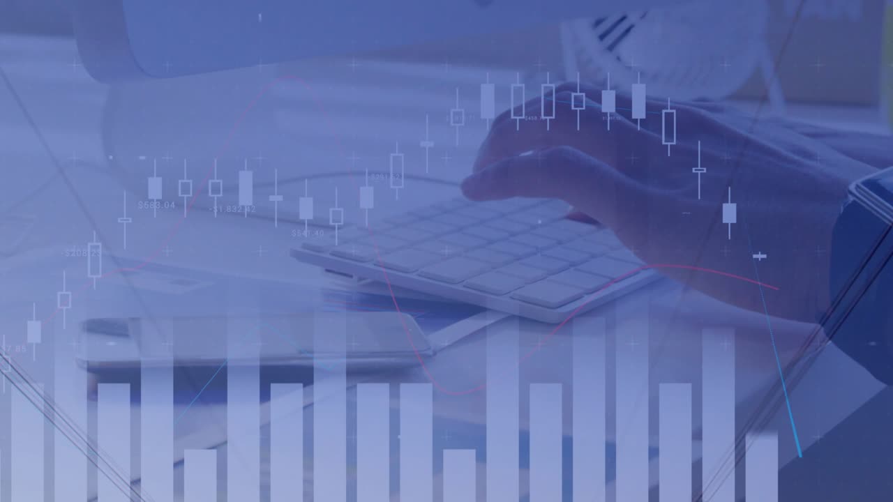 Sovrapposizione di mani iniziali che digitano mentre i grafici si animano e le torri si innalzano, mostrando il mercato energetico