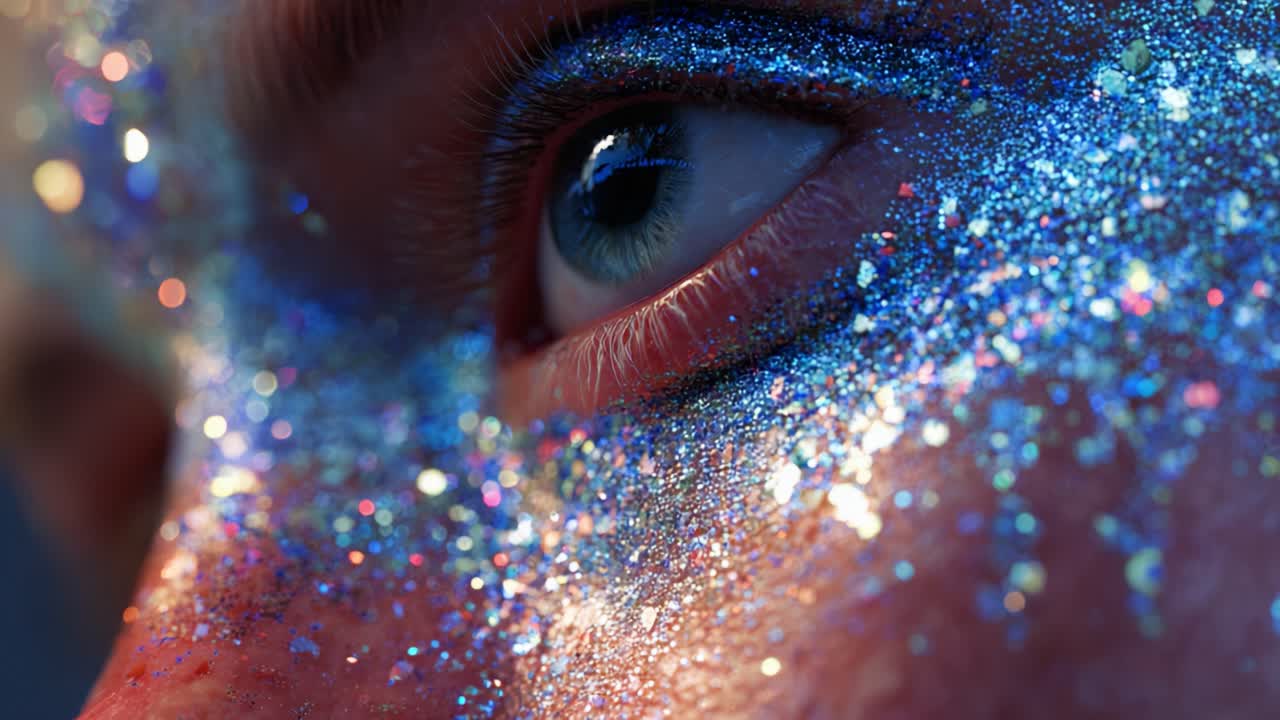 A Close-Up of a Glittering Eye: The Captivating Detail of Shimmering Makeup, Sparkling Glitter, and the Fascinating Reflection in the Eye's Surface Enhancing Its Beauty