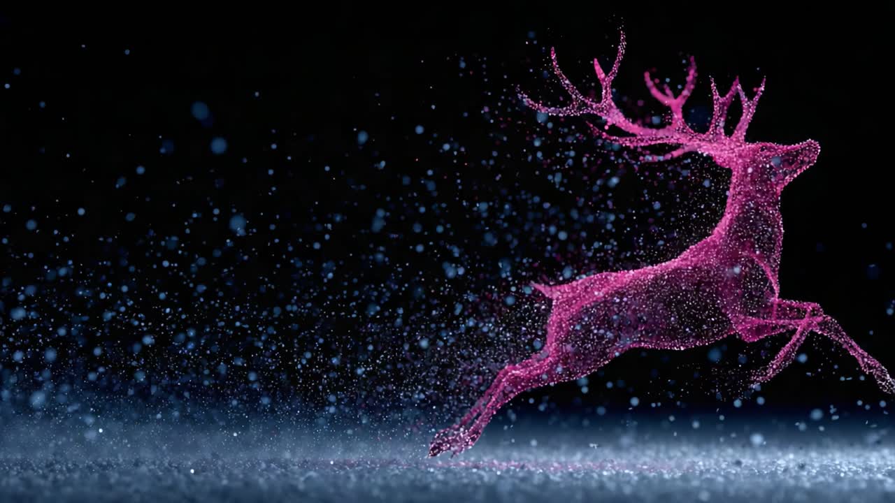 A Majestic Pink Deer Leaping Through the Air in a Whimsical Display of Sparkling Particles Against a Dark Background, Capturing the Essence of Freedom and Grace