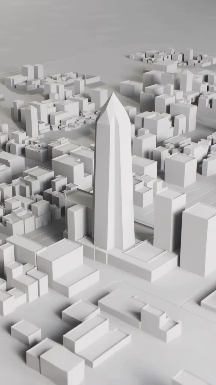 Vertical video: Pulling back camera tilting revealing faceted tower on podium, tabletop blocks