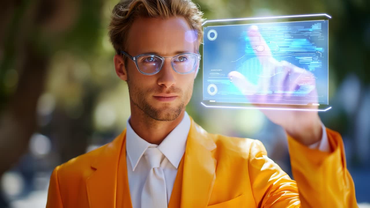 A stylish individual in a vibrant orange suit interacts with a futuristic digital interface, showcasing technology and innovation in a modern outdoor setting