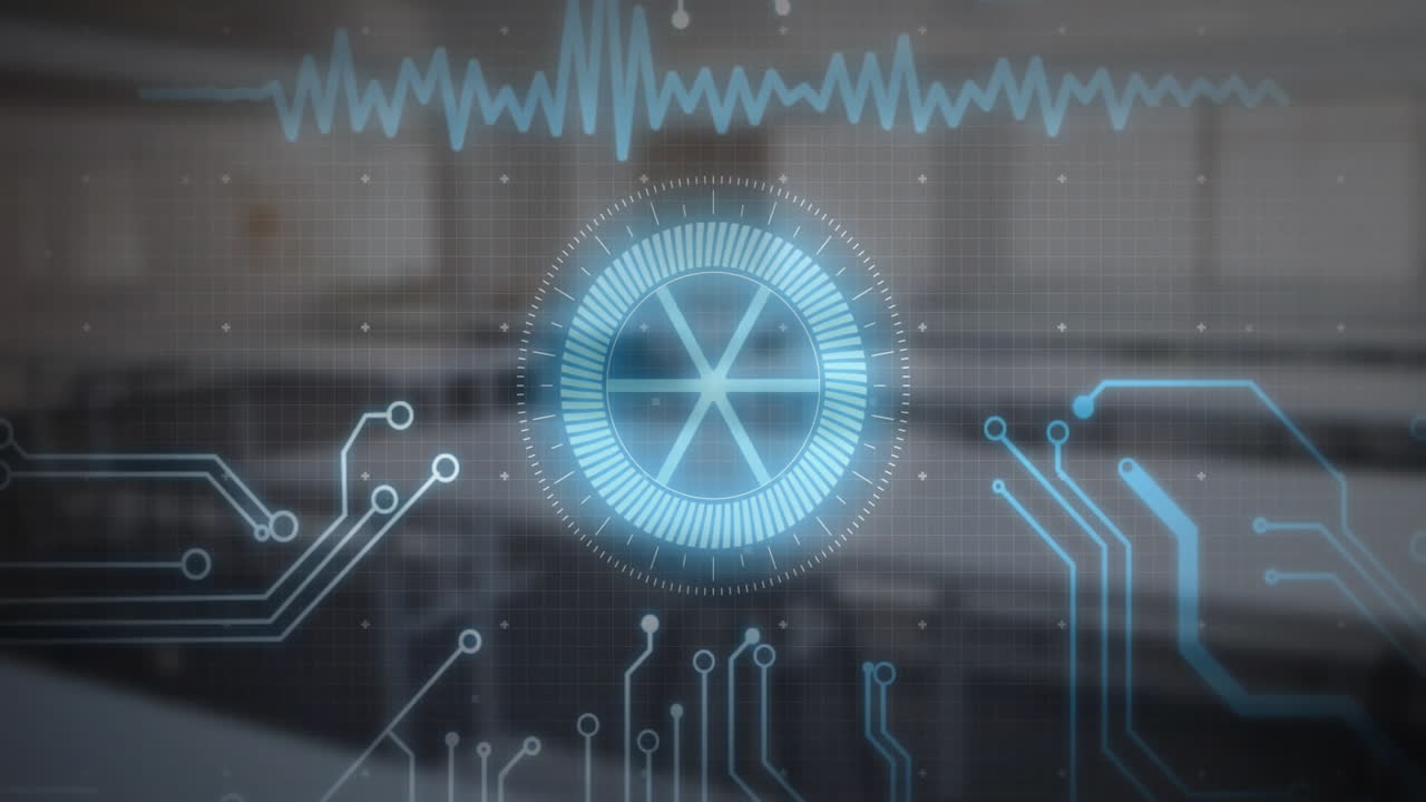 스 스캔의 애니메이션과 데이터 처리가 흐릿한 방에서