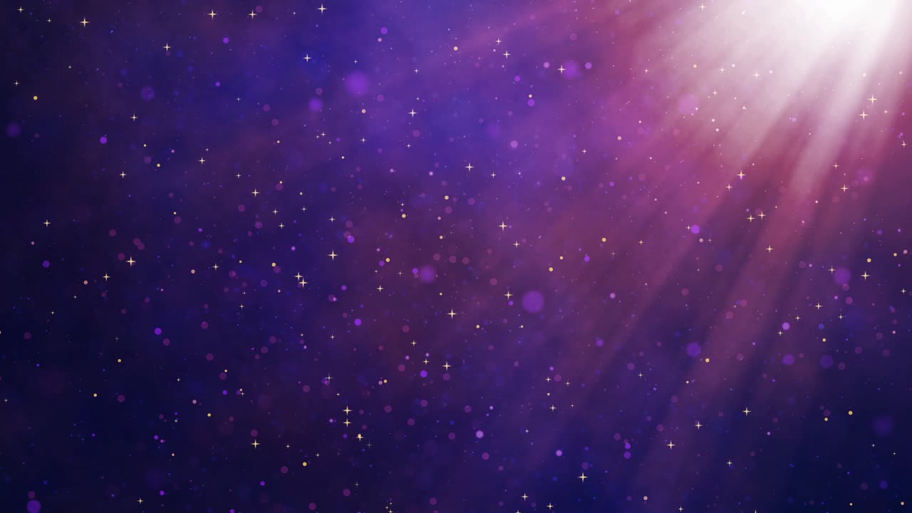Purple and blue abstract background with stars, bright light rays and floating particles for dreamy festive atmospheric creative motion graphics loops