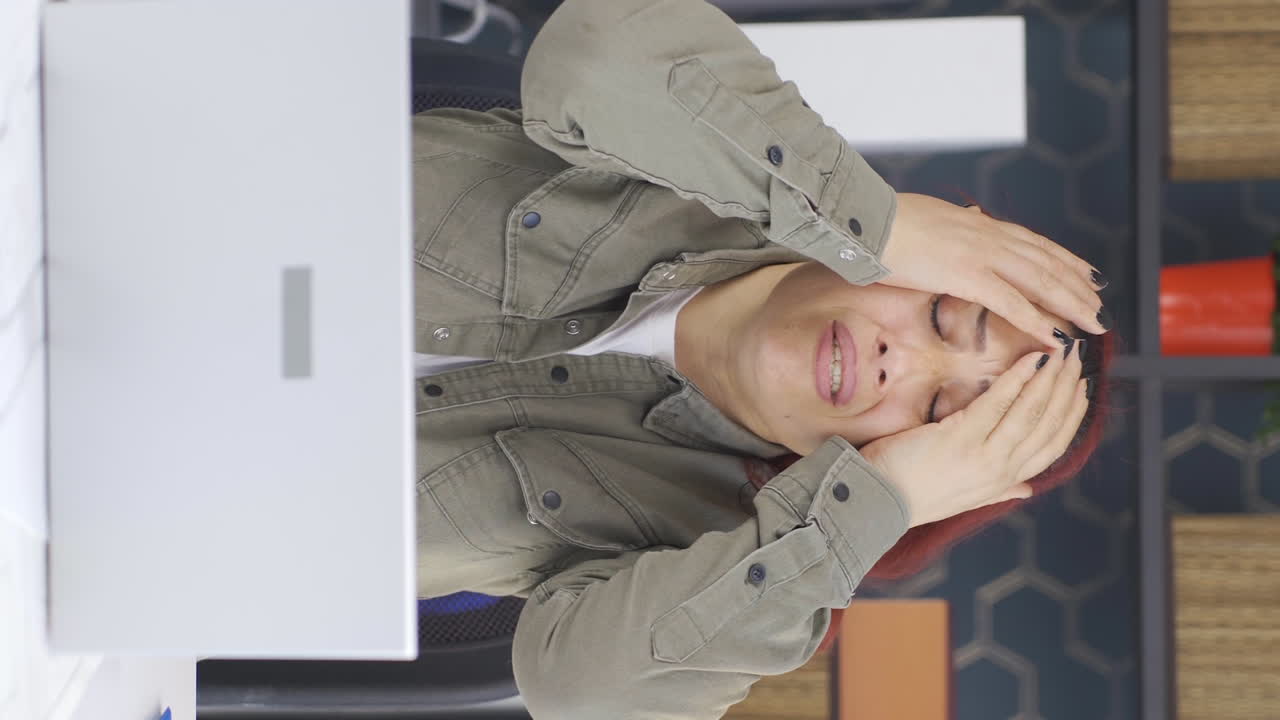 video vertical de una mujer de negocios enojada consigo misma con la culpa.