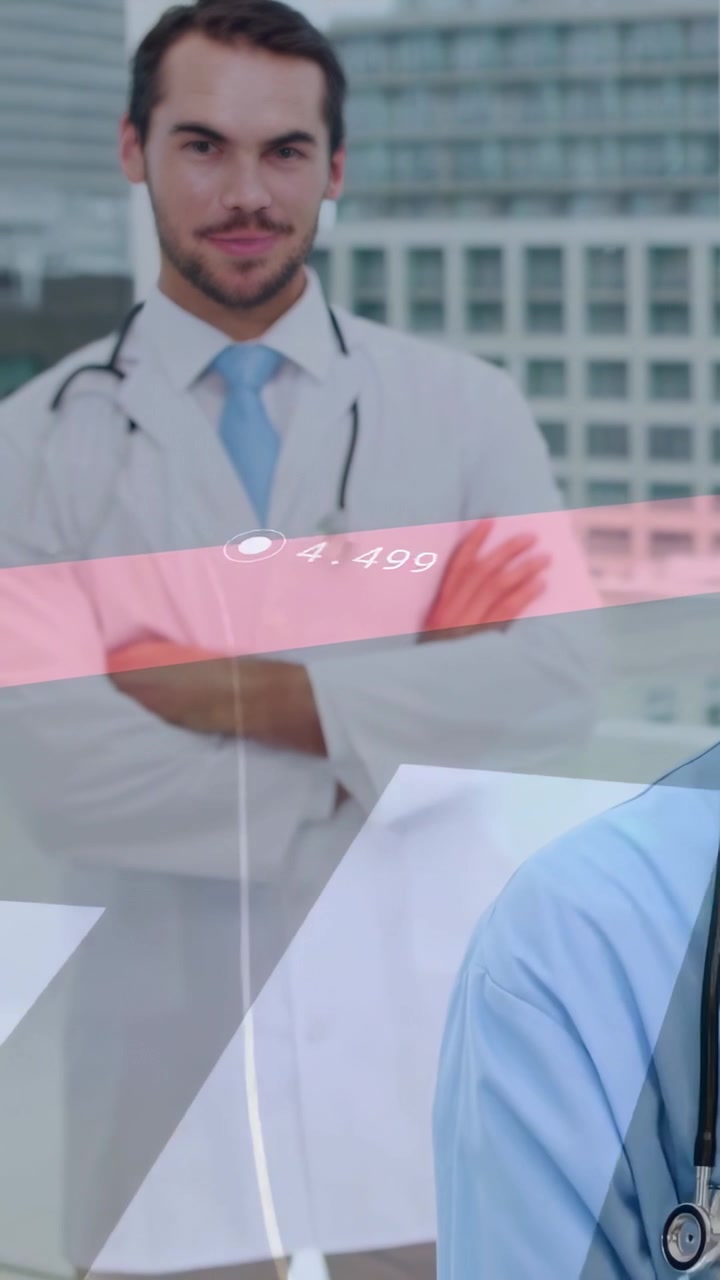 Vertical video: Doctor standing band sweeping over clinic aligning stats over chest promoting care