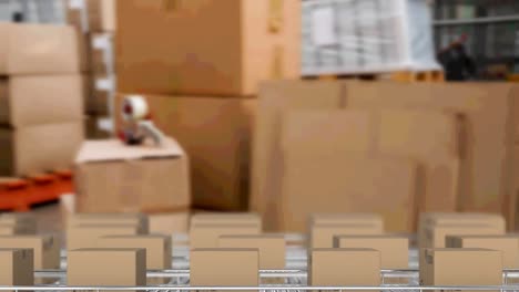 Animation-of-cardboard-boxes-on-conveyor-belts-in-warehouse