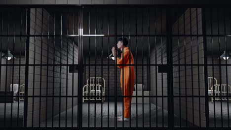 full body side view of asian male prisoner in handcuffs standing in prison, making pray hand gesture asking for something