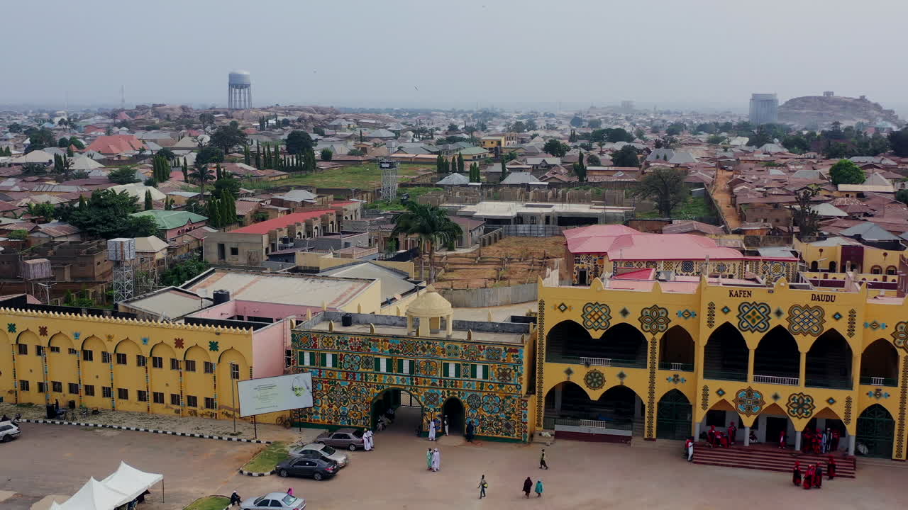 Palace and famous, ornate gate to the Palace of the Emir of Zazzau, known as Sarkin Zazzau - aerial parallax