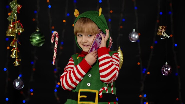 Kid girl in Christmas elf Santa Claus helper costume making congratulations call on mobile phone