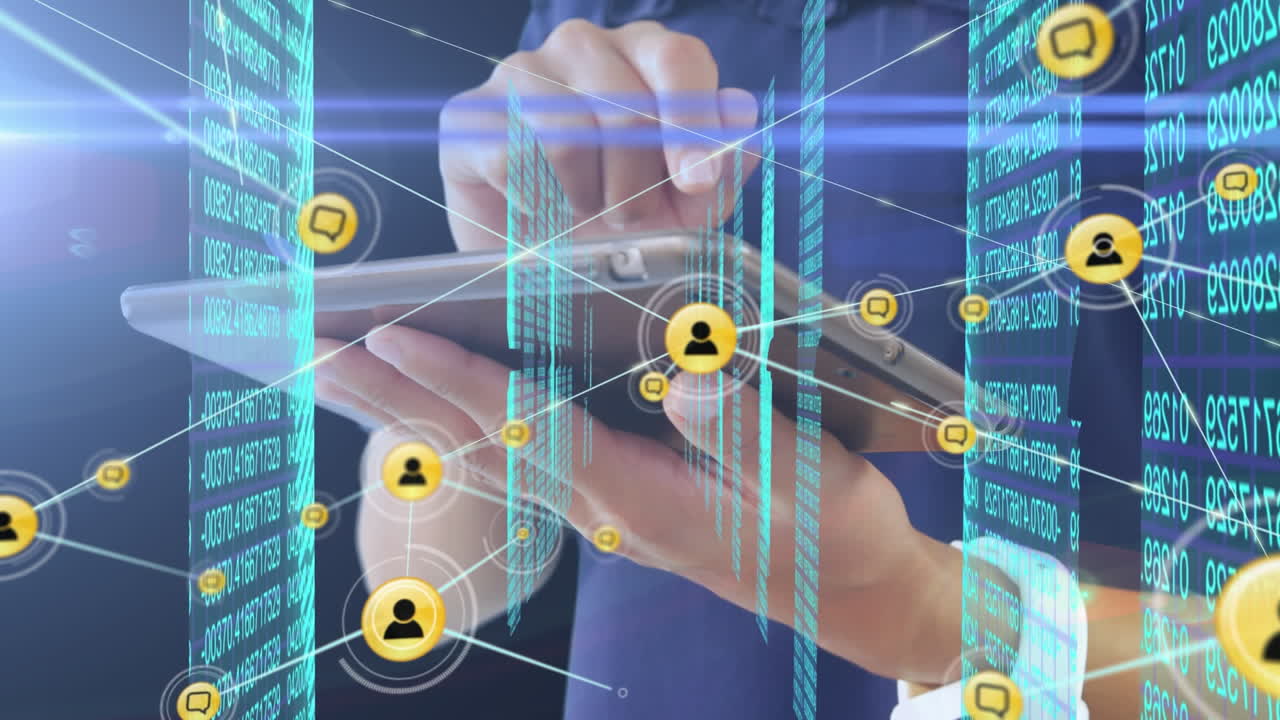 animación de la red de conexiones y procesamiento de datos sobre la mujer usando tableta