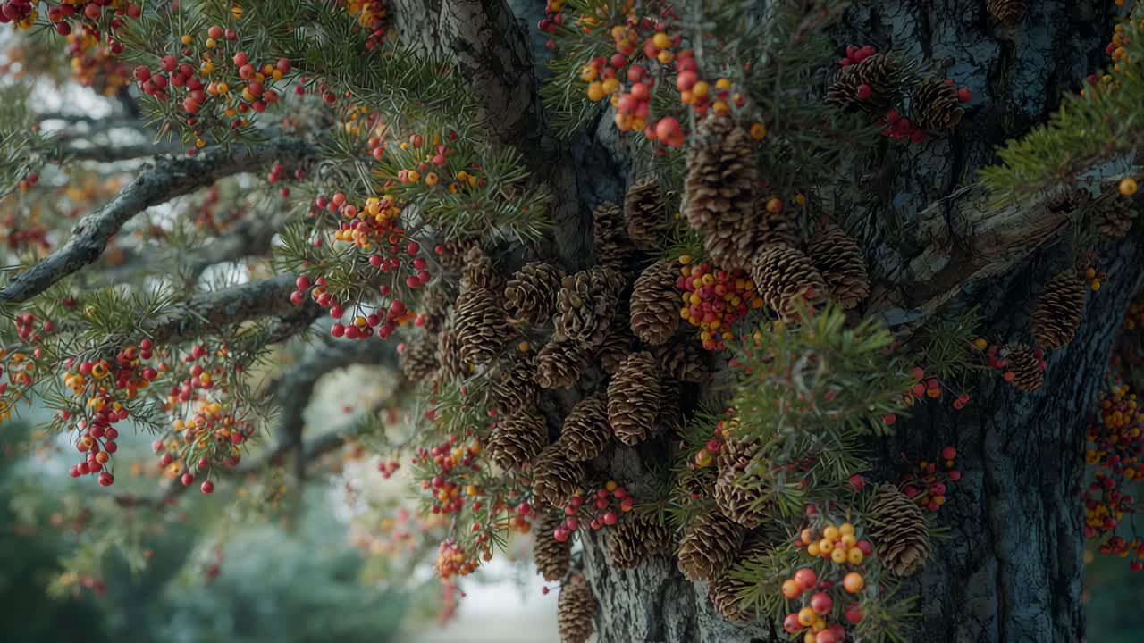 Camera starting focusing pine cones, panning branch in garden revealing red and yellow berries