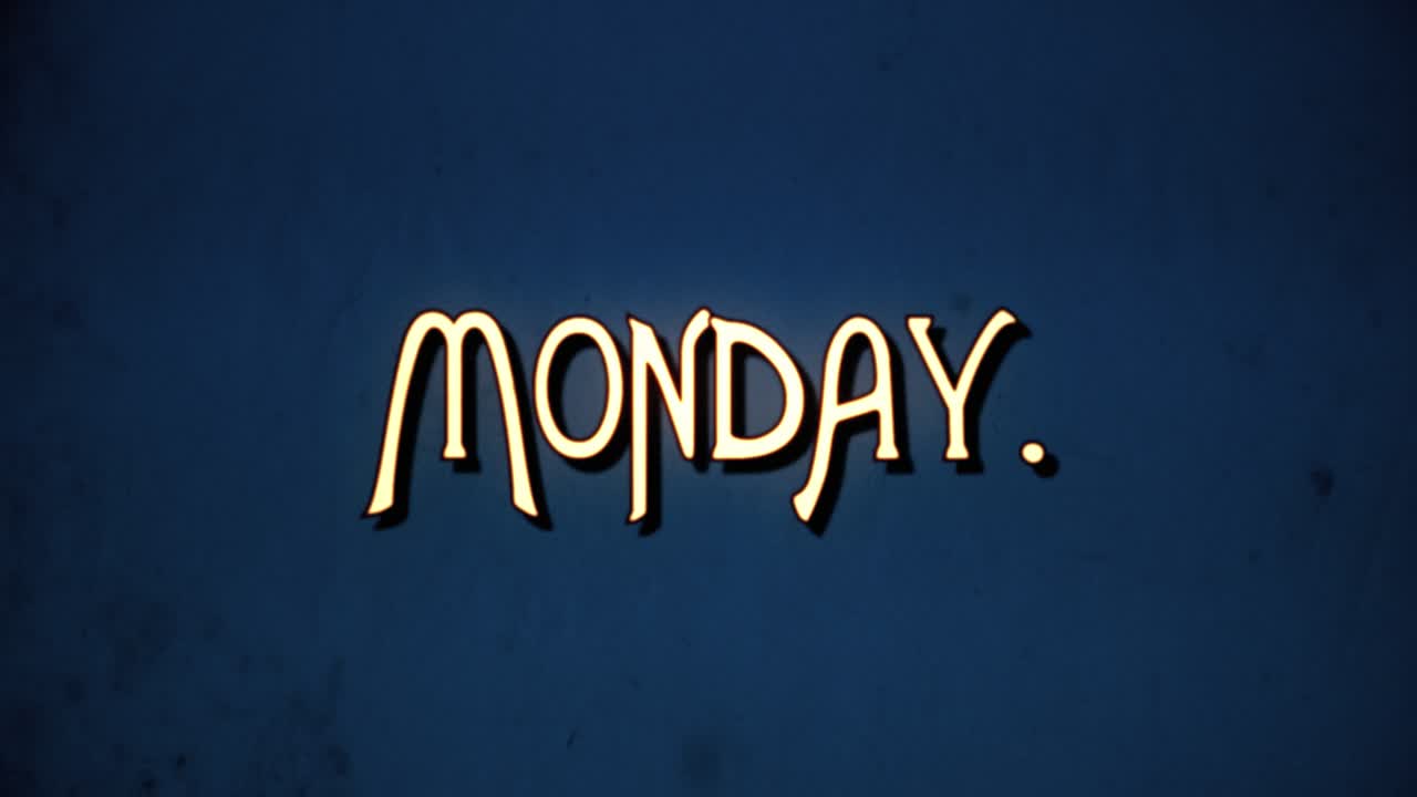 un mensaje de texto, fuente retro de lujo, estilo de película dañado de los años 70, que aparece con una animación de ampliación de letras: lunes.
