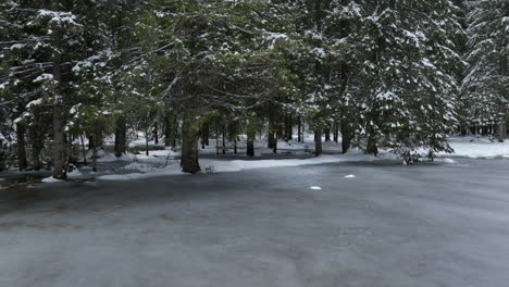 Flying-over-small-frozen-lake-in-the-pine-forest-on-the-mountain