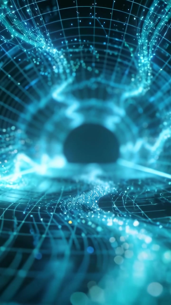 Vertical video: Moving camera through neon tunnel, drawing inward with grid, particle ribbons, void