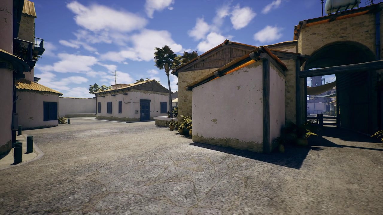 Tranquilo pasaje mediterráneo con casas blancas y sombras soleadas