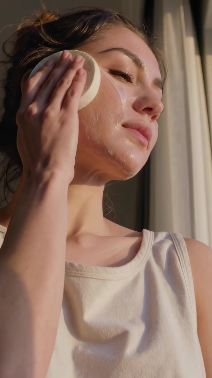 Vertical video: Holding cleansing pad, woman wearing sleeveless white top cleansing skin by window