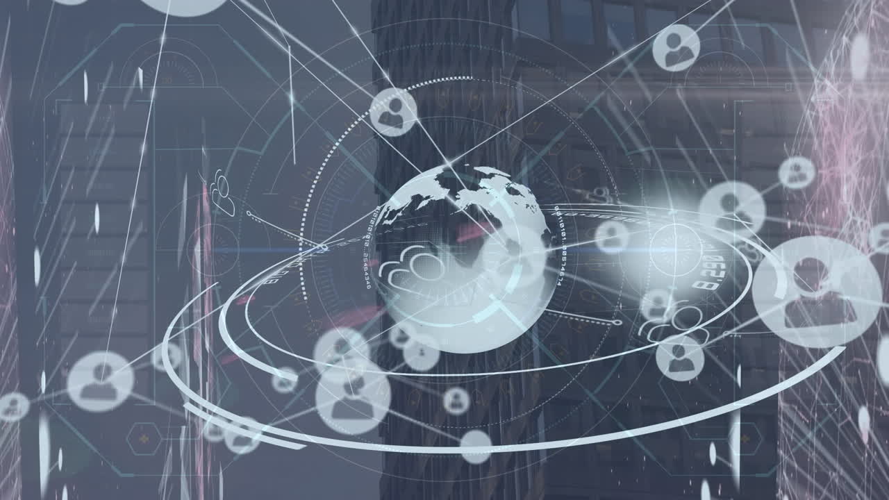 글로벌 오버 미디어 아이콘과 도시 풍경의 애니메이션