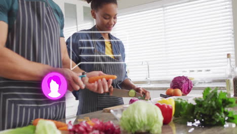 chopping vegetables in kitchen, social media notification animation over scene