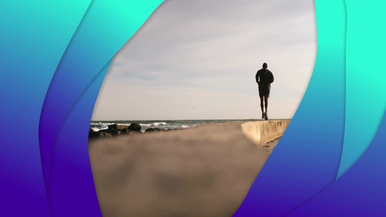 animación de formas azules sobre hombre biracial corriendo en la playa