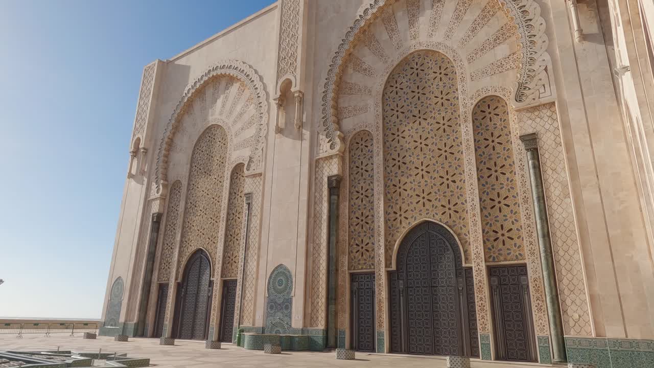 Low angle view of ornate exterior of Hassan Mosque