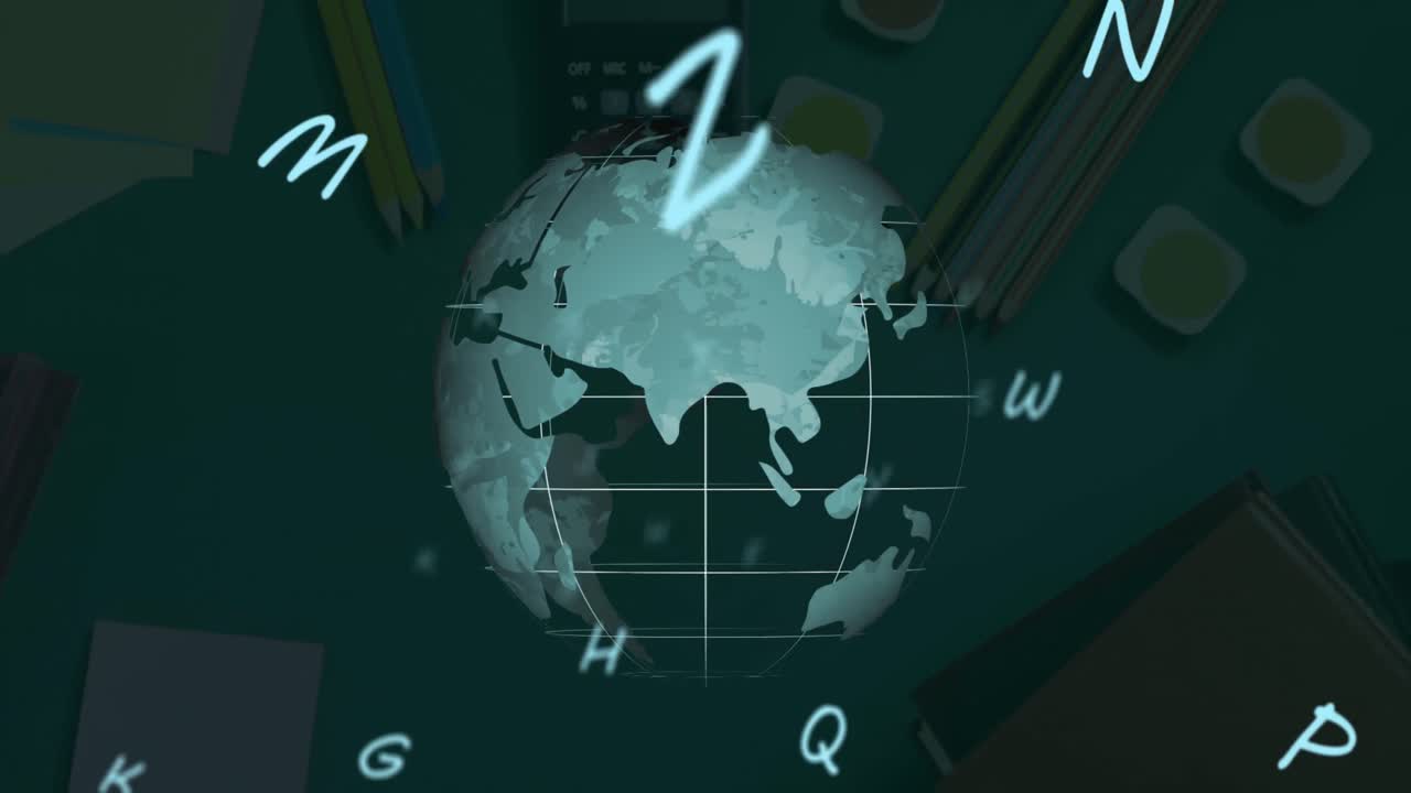 여러 알파 ⁇ 의 디지털 구성이 학교의 고정된 아이테에 대항하여 회전하는 지구상에서 떠다니고 있습니다.