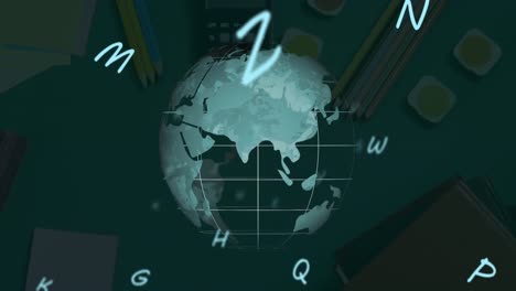 digital composition of multiple alphabets floating over spinning globe against school stationary ite