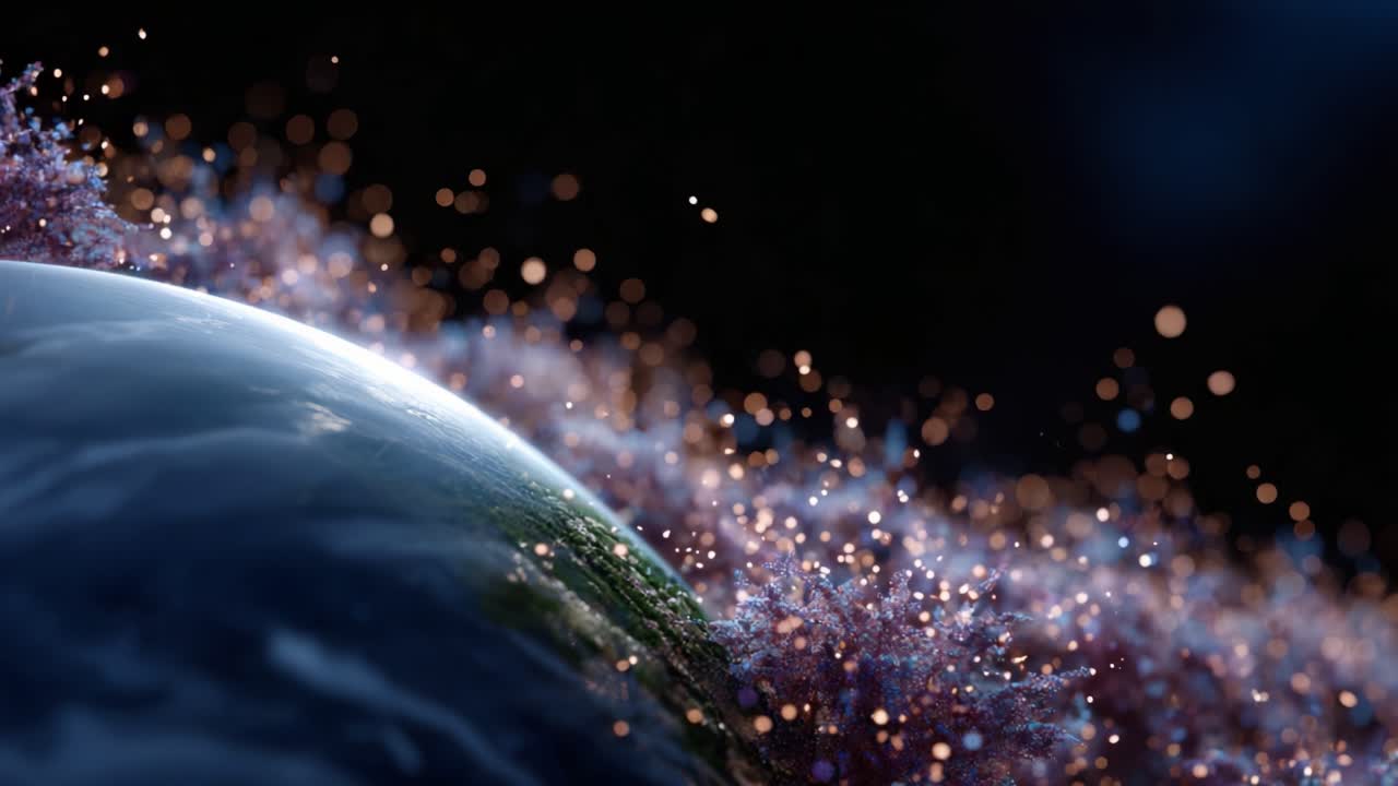 A Beautiful View of Earth Surrounded by a Cosmic Display of Sparkling Particles and Ethereal Colors in Deep Space, Capturing the Wonder of the Universe