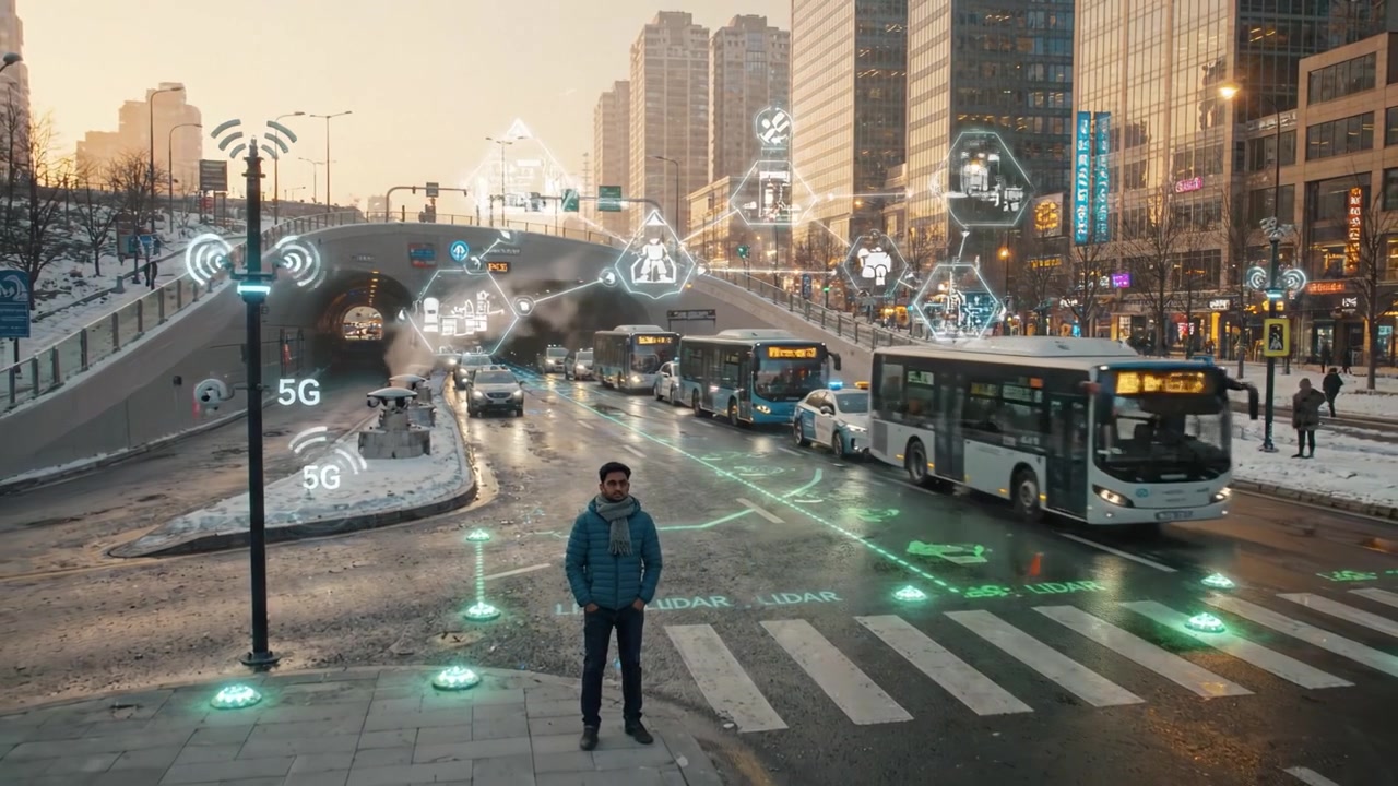A man stands on a crosswalk as traffic flows beneath an urban overpass, surrounded by a futuristic digital landscape showcasing connectivity and smart technology.