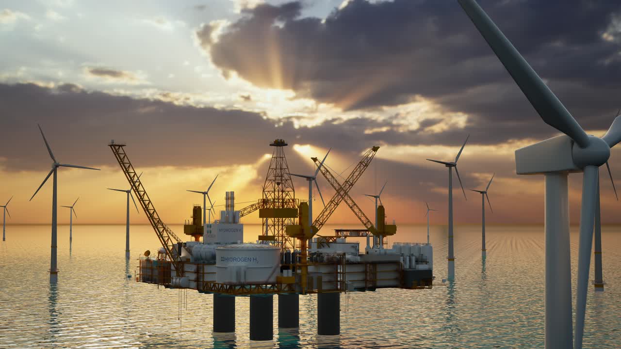 водородное возобновляемое морское производство энергии, водородный газ для чистой электроэнергии солнечная и ветряная турбина.