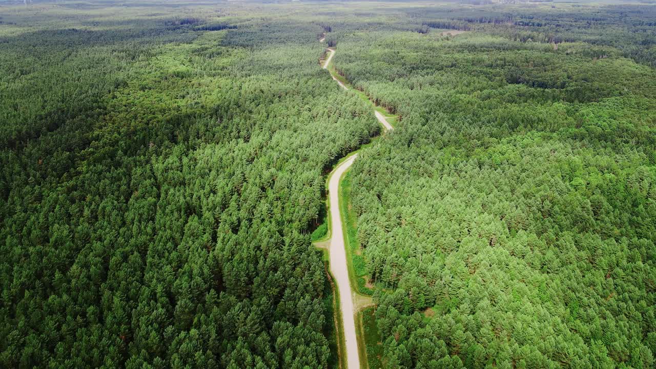Aerial of winding gravel road cutting through Latvia’s dense coastal wilderness