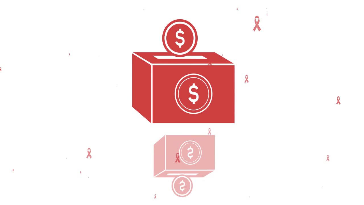 Animation of dollar money box and cancer ribbons icons over white background
