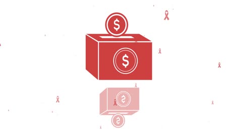 Animation-of-dollar-money-box-and-cancer-ribbons-icons-over-white-background