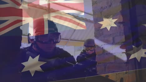 animation of flag of australia over caucasian soldiers with armour